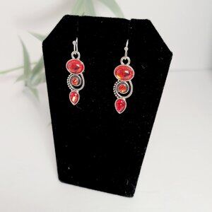 Elegant Red and Silver Tone Dangle Earrings